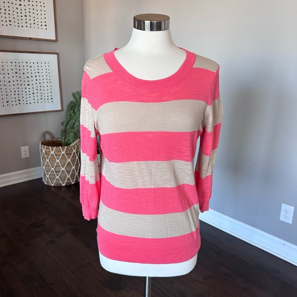 J. Crew Factory Cotton Teddy Crewneck Light 3/4 Sleeve Sweater Coral/Tan Med EUC